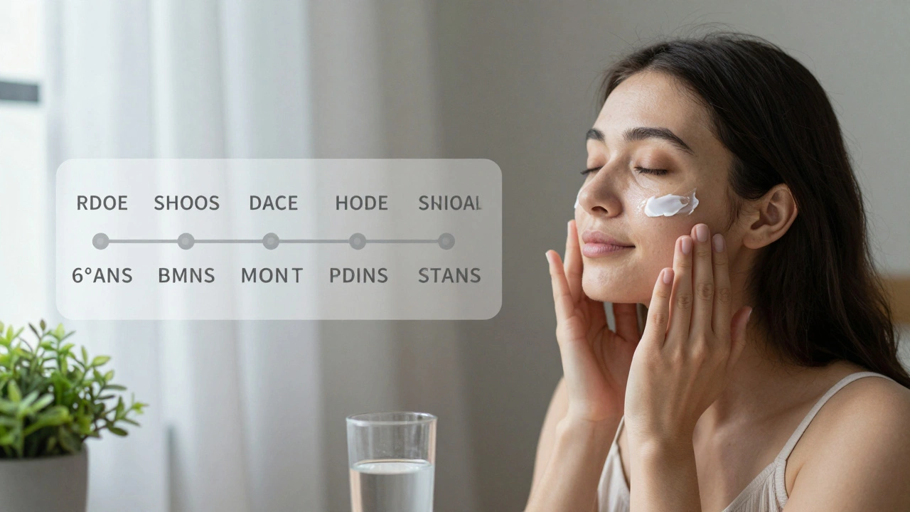 Žena aplikuje hydratační krém večer, kolem ní klidné prvky péče o pleť.