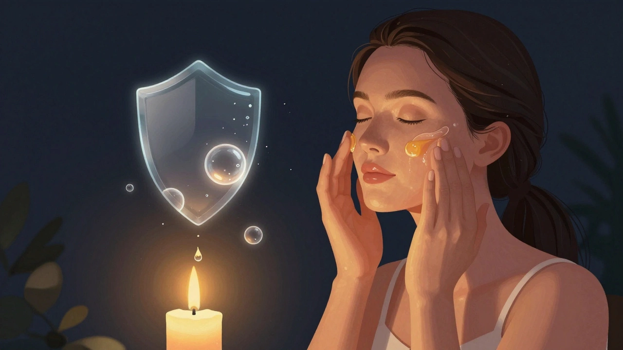Žena aplikuje pleťový olej večer v teplém osvětlení, symbolizující regeneraci pokožky.