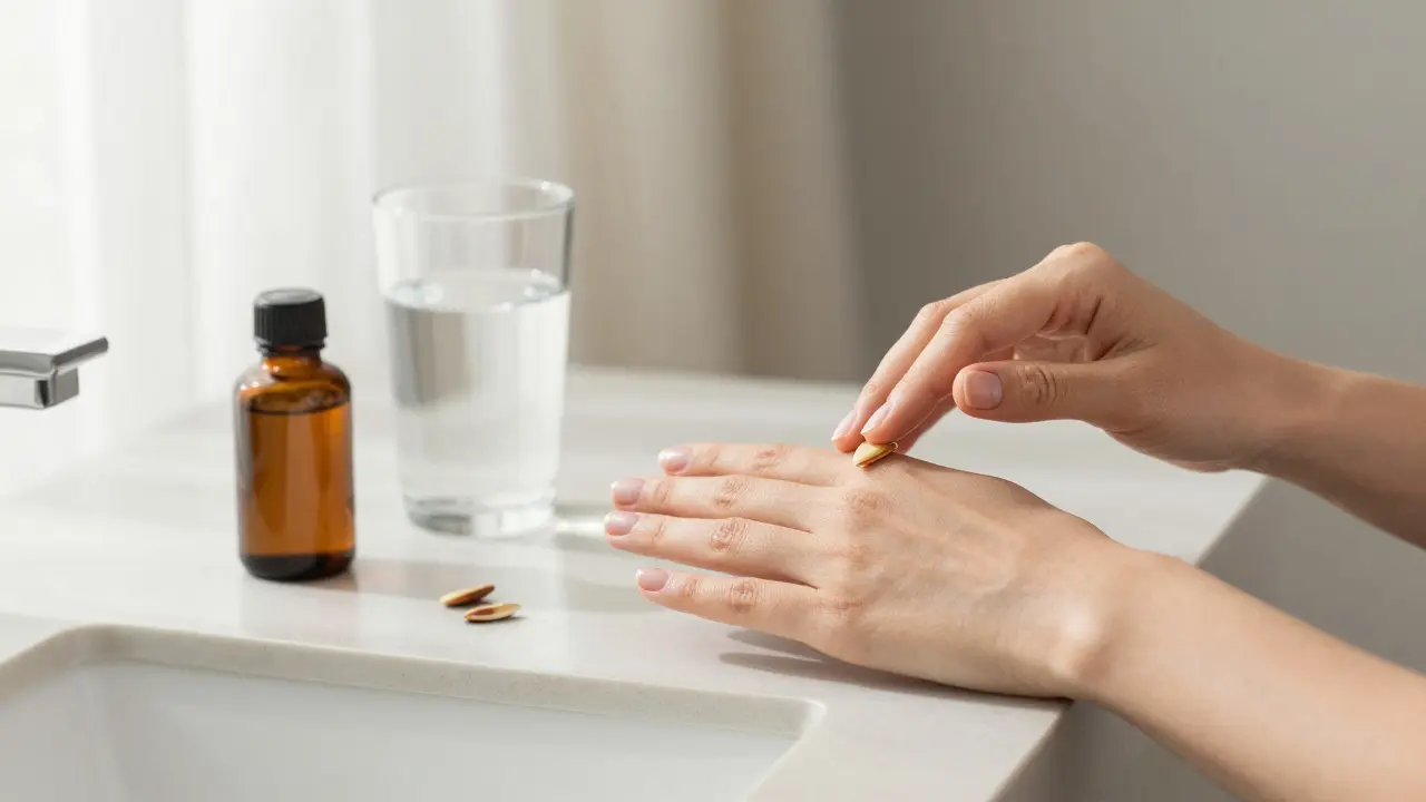 Žena masíruje prsty olejem, zdravé nehty na rukách, křehké nehty na stole