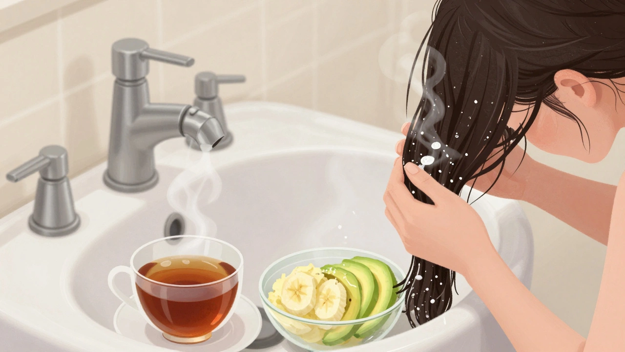 Žena oplachuje vlasy jablečným ocetem ve vaně s černým čajem a avokádem.