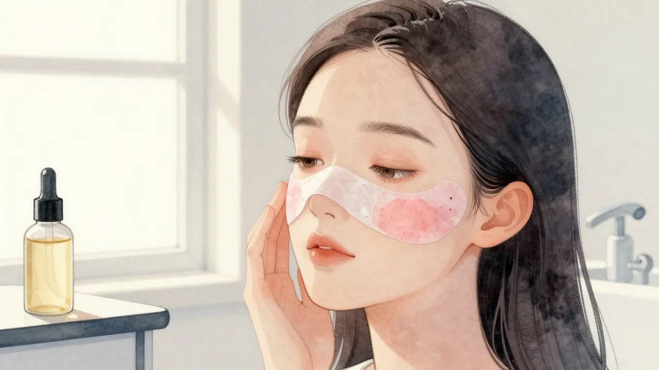 Žena po laserové léčbě s jemně odlupující se pokožkou a nevyužitými produkty pro masáž.