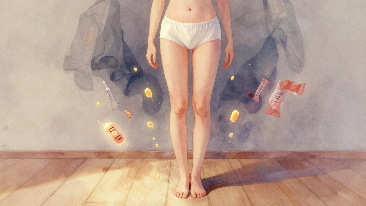 Žena v bavlněném spodním prádle s jemným zářivým zázemím prospěšných bakterií.