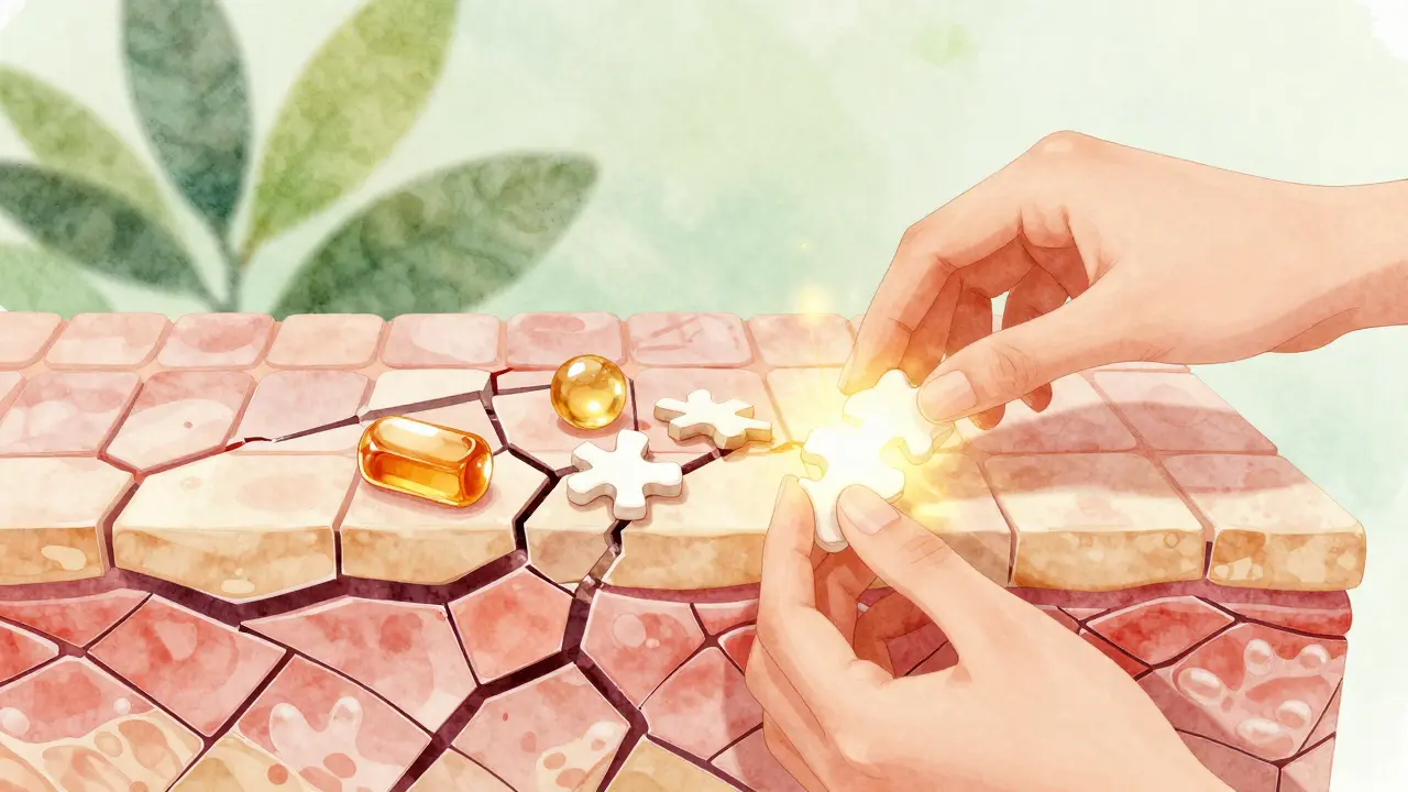 Abstraktní ilustrace obnovy pokožkové bariéry pomocí ceramidů a dalších látek.