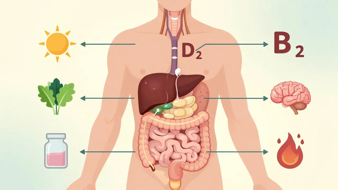 Diagram lidského těla s vyznačenými cestami vstřebávání vitamínů D, magnezia a B12.
