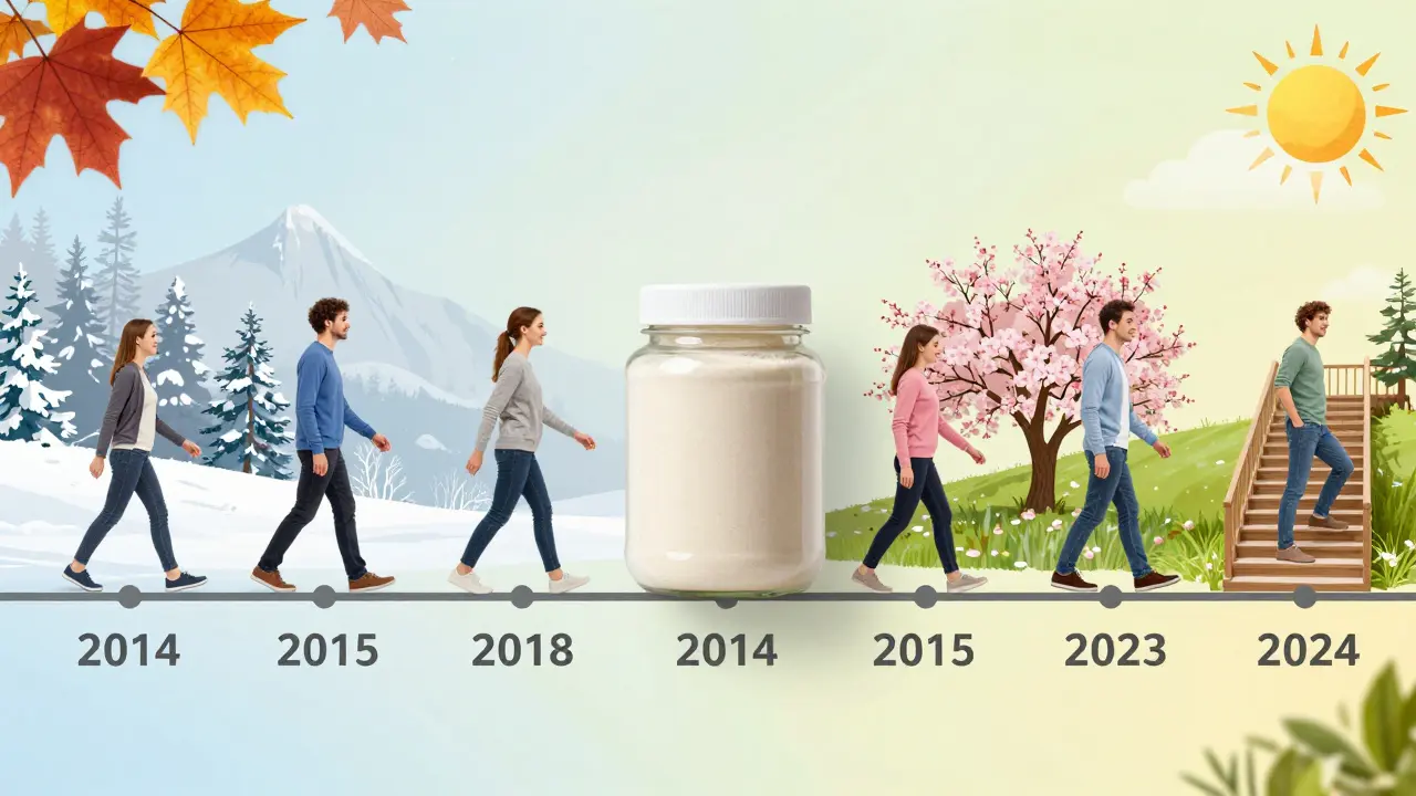 Dvacetiletý časový průběh s jednou skleničkou kolagenu a sezónními značkami, znázorňující dlouhodobé užívání bez přerušení.