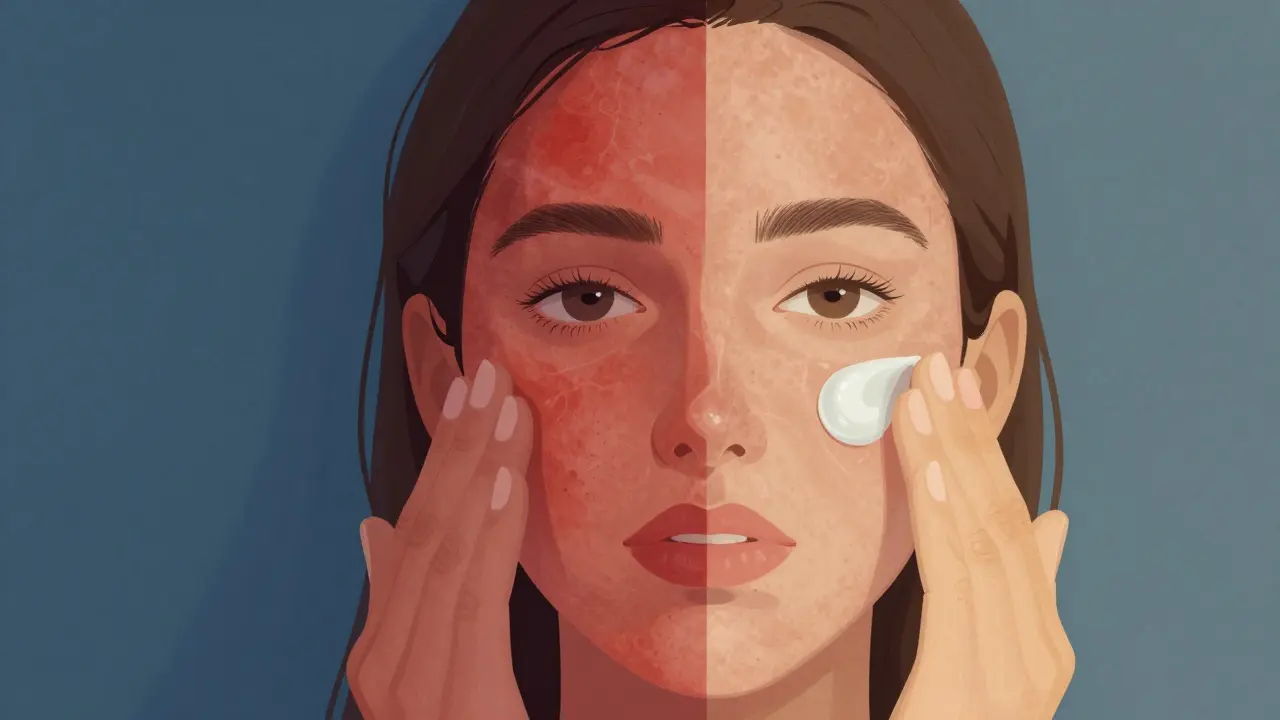 Dvě strany obličeje: jedna podrážděná a červená, druhá klidná a zdravá, symbolizující vliv kosmetiky.