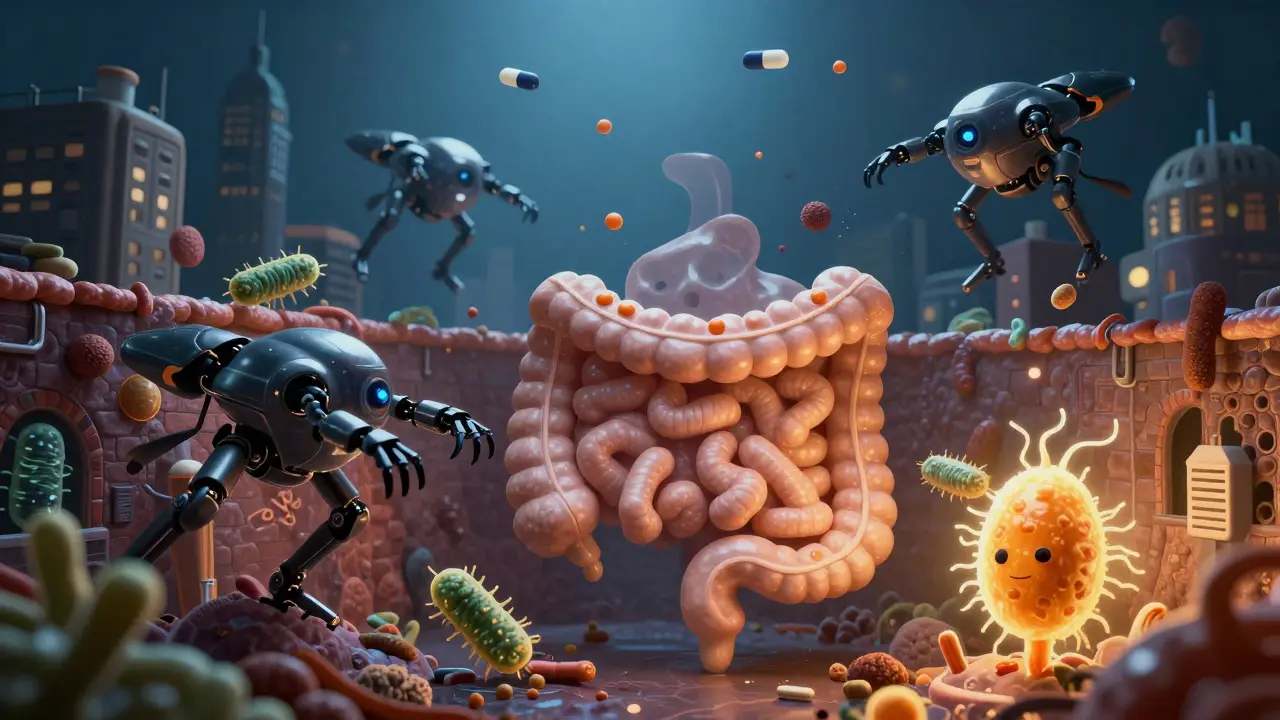 Ilustrace střevní mikroflóry, kde antibiotika ničí užitečné bakterie, ale kvasinka Saccharomyces boulardii přežívá v bezpečí.