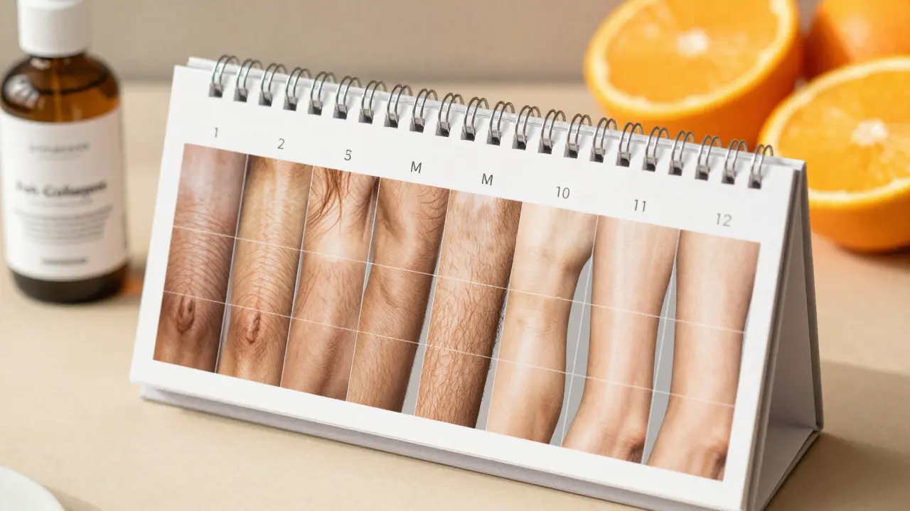 Kalendář ukazující postupné zlepšení pleti během 12 měsíců.