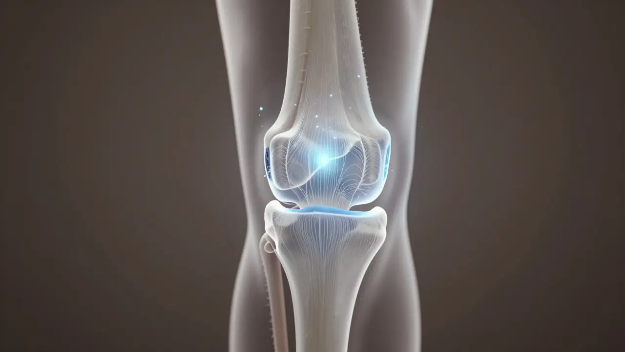 Kloub s chrupavkou podporovanou kolagenem, s vazemi a šlachami, symbolizující pohyblivost.