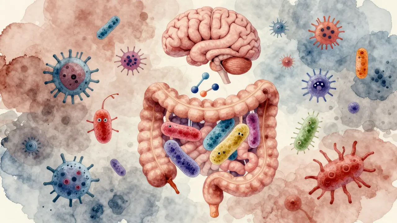 Koncepční ilustrace harmonie mezi střevními bakteriemi a mozgem, symbolizující vztah střeva a nálady.