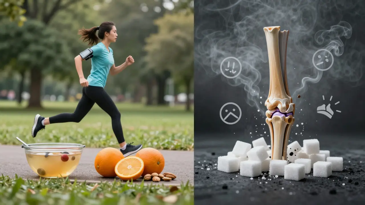 Kontrast mezi zdravým životním stylem a škodlivými faktory, které ničí kolagen v kloubech.