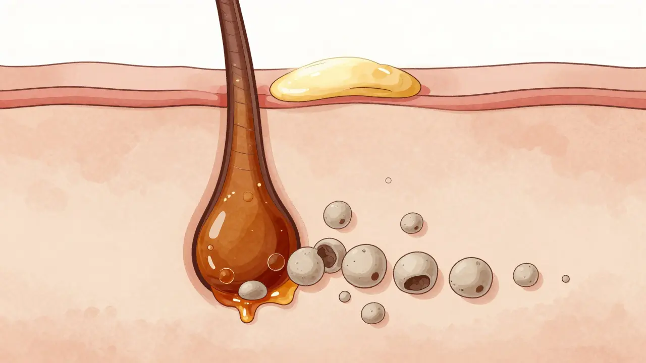 Křížový řez kůže ukazující výrobu sebumu a blokaci pórů mrtvými buňkami.