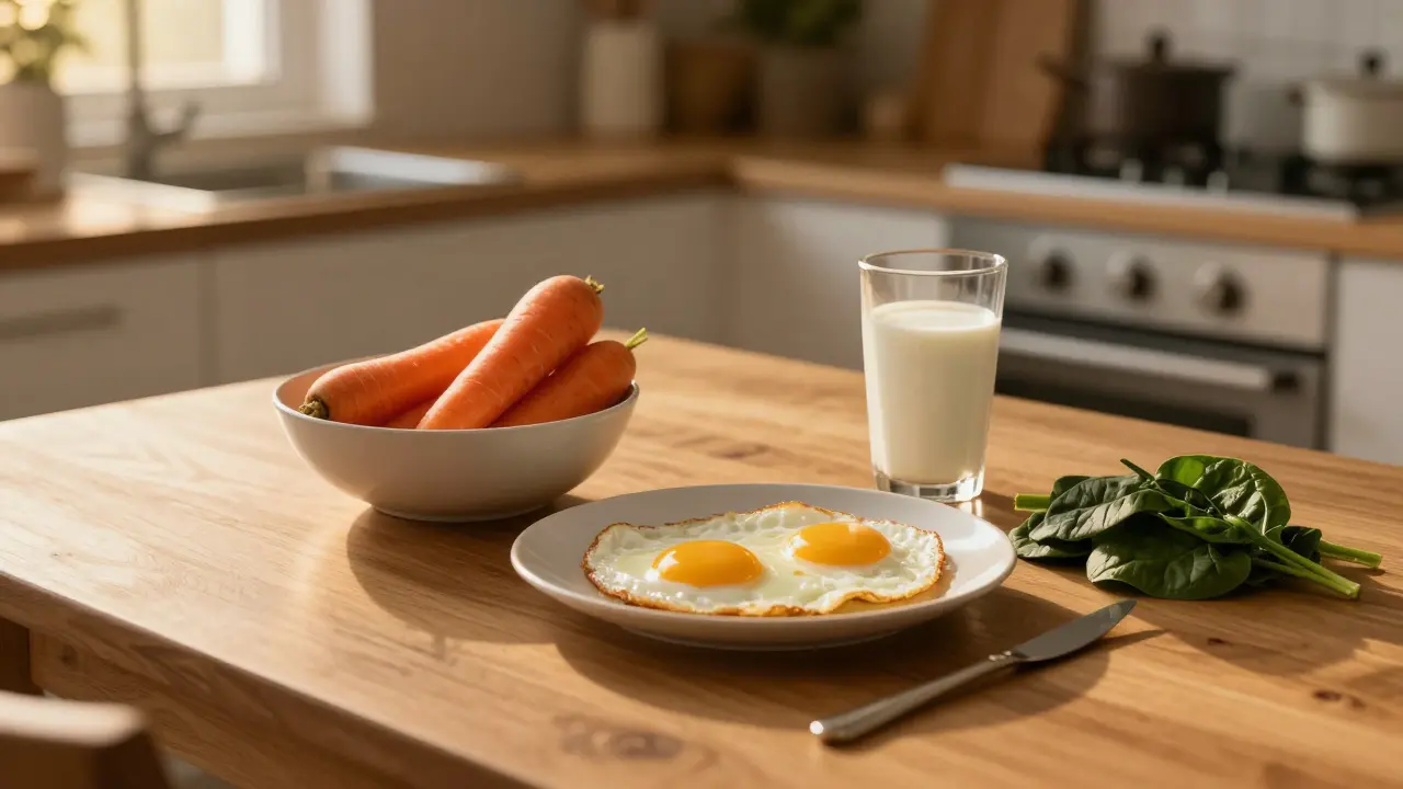 Kuchyňský stůl s mrkví, vejci a špenátem v záři západu slunce.