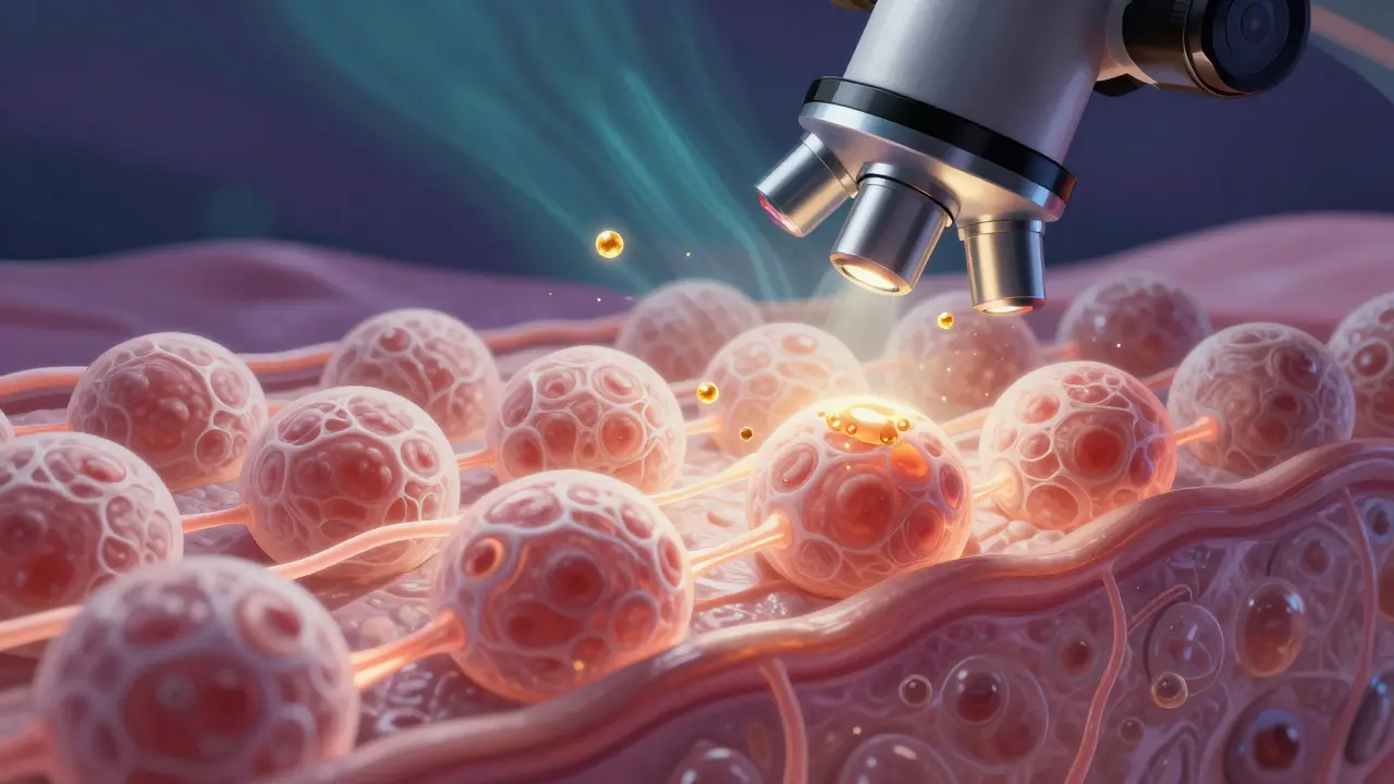 Mikroskopický pohled na obnovu kůžních buněk pod vlivem retinolu.