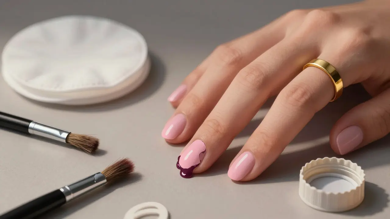 Neúspěšný kroužek s rozmazanými hranami vedle dokonalého na stejném nehtu