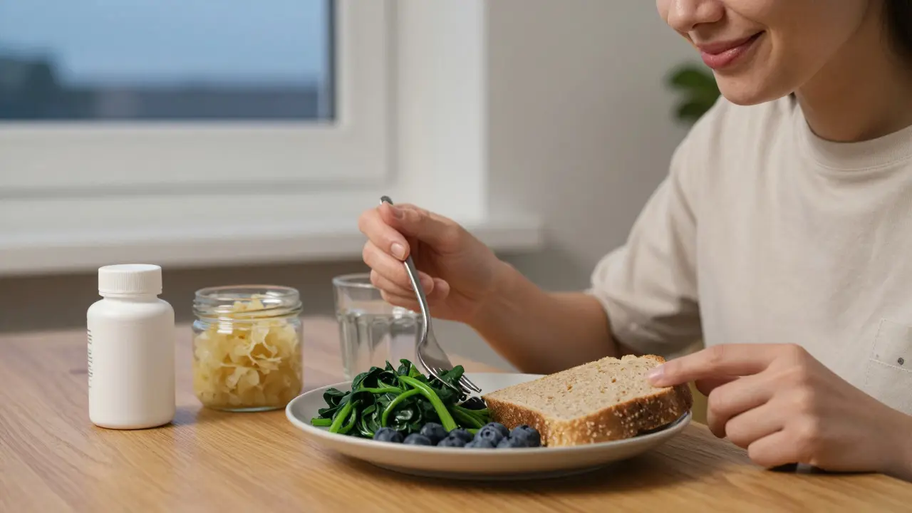 Osoba jí zdravou svačinu s špenátem, borůvkami a černým chlebem, symbolizující obnovu střevní flóry po antibiotikách.