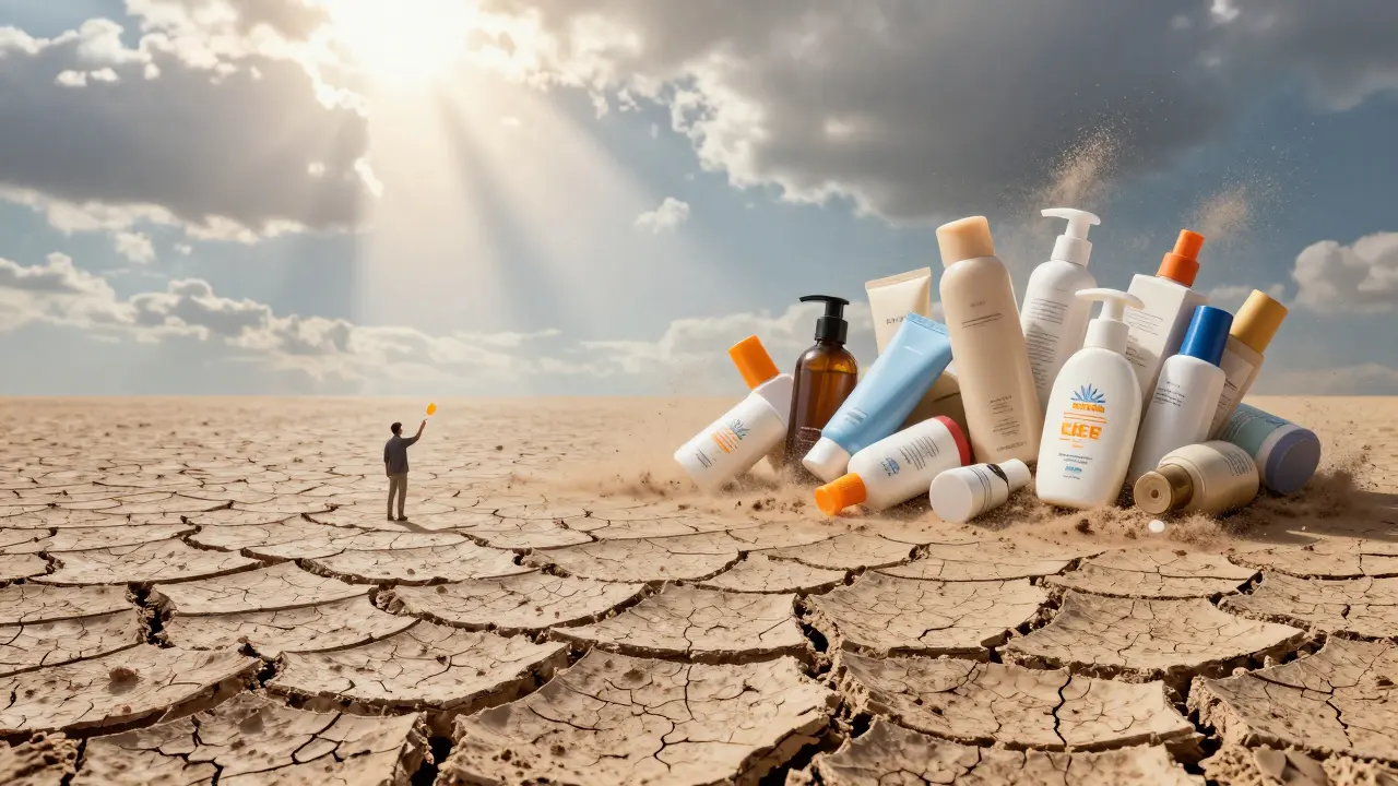 Prasklá pokožka pod UV paprsky, zatímco kosmetické lahve padají do prachu.