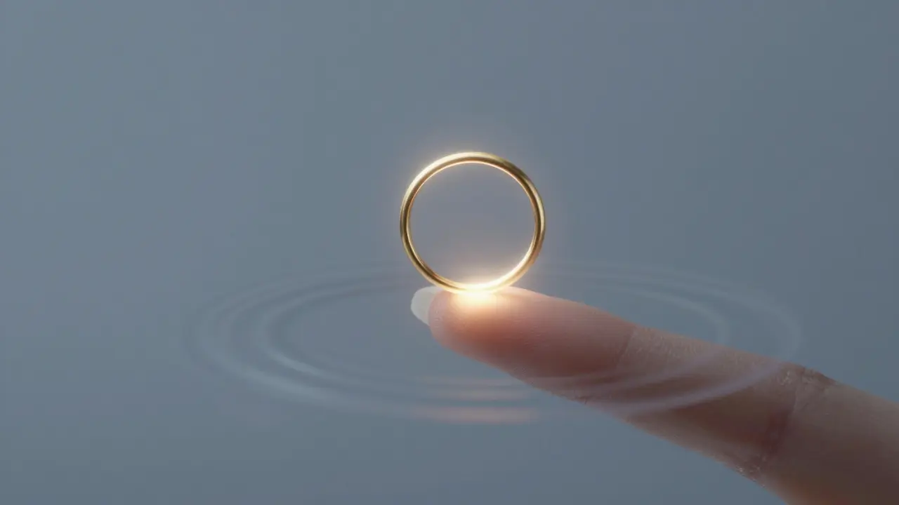 Představivý kroužek visící nad nehtem bez nástrojů, v lehkém záření