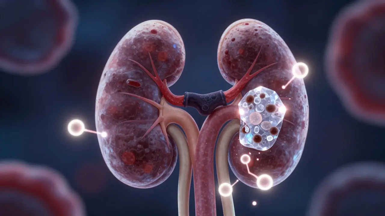 Přehled ledviny s krystaly oxalátu vznikajícími z molekul vitamínu C v krevním oběhu.