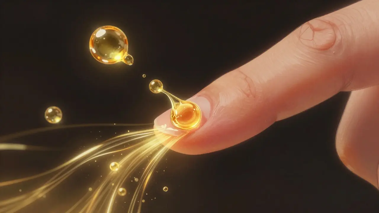 Přeměna křehkého nehtu v zdravý, s olejovými molekulami proudícími do jeho struktury.