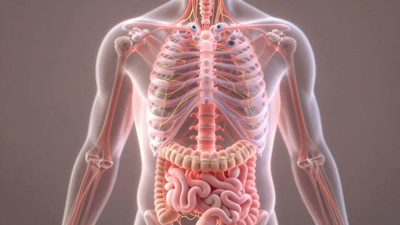 Průhledný lidský trup s kolagenovými sítěmi v kůži, kostech, střevech a očích, zobrazený jako světelné spojení.