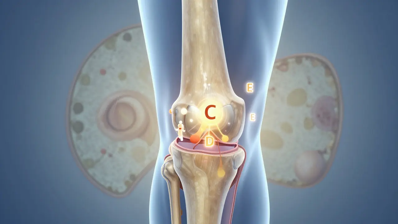 Průřez kolenního kloubu s regenerující chrupavkou a vitamíny C, D, E, K2 jako ochrannými molekulami.