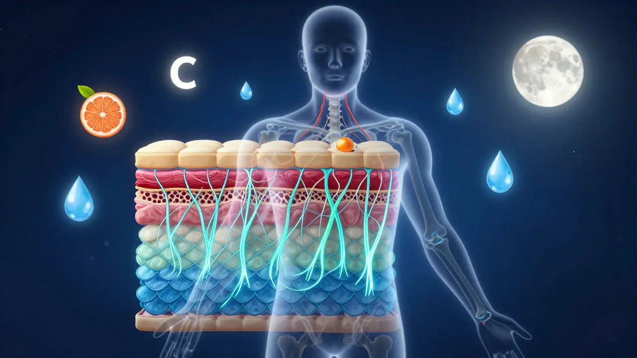 Průřez lidským tělem s viditelnými obnovujícími se vlákny kolagenu spojujícími rybí šupiny s tkáněmi.