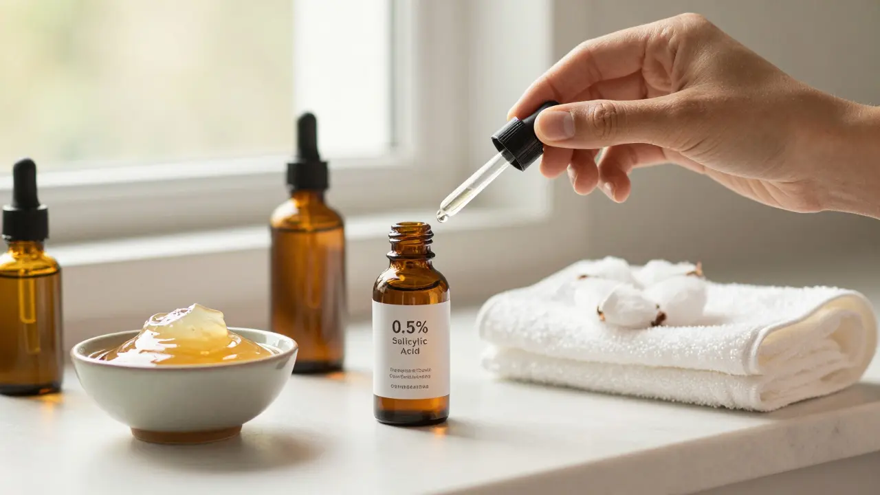 Ranní péče o pleť: ruka nanáší sérum, vedle něj medová maska a olej.