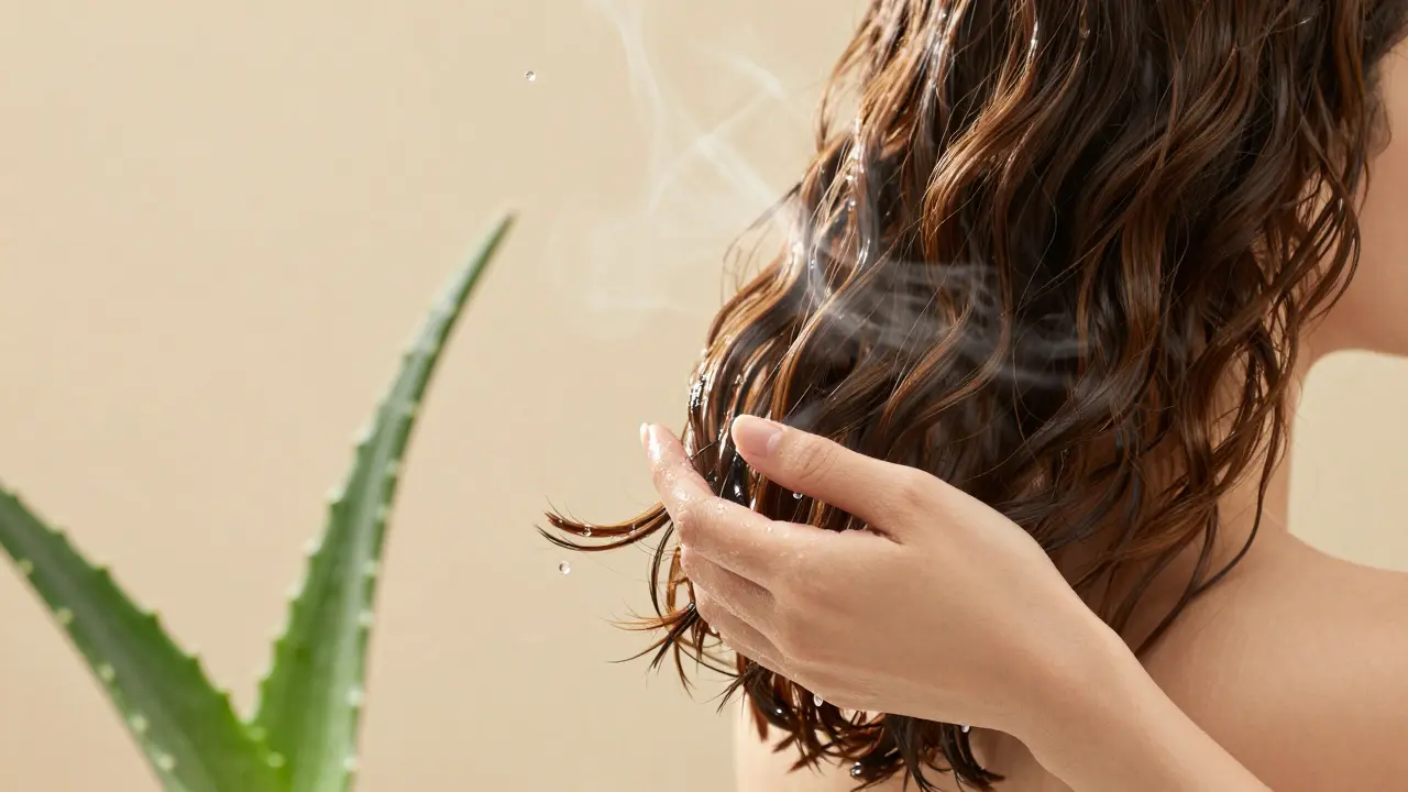 Ruka aplikuje hydratační masku na středy a končetiny vlasů.