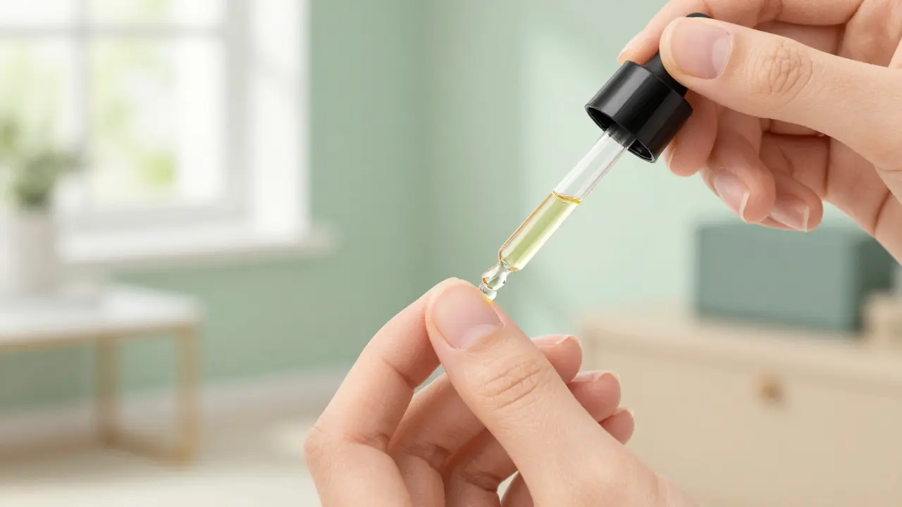 Ruka aplikující jojoba olej na nehty pomocí kapátka, jemné osvětlení.