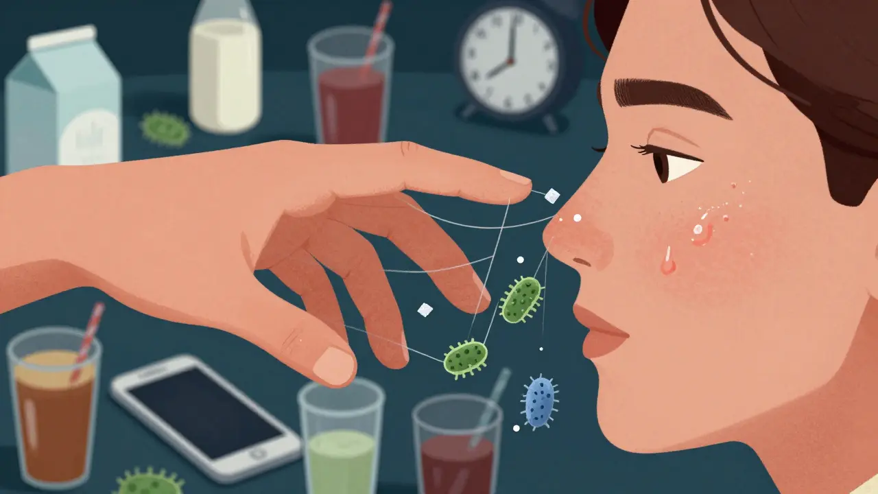 Ruka přenáší bakterie a cukr na obličej, s potravinami a hodinami v pozadí.