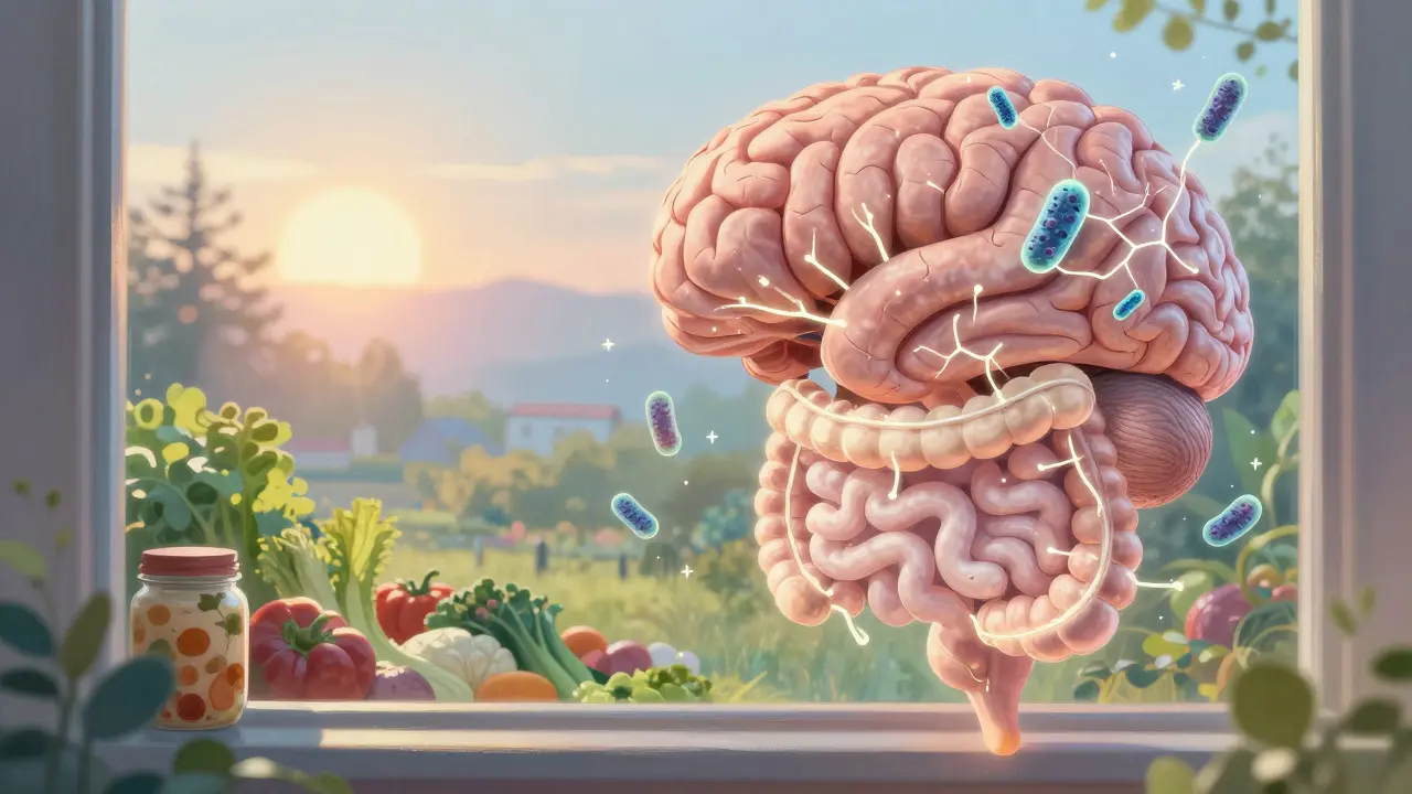 Spojení mozku a střeva světelnými dráhami s probiotiky jako hvězdami.