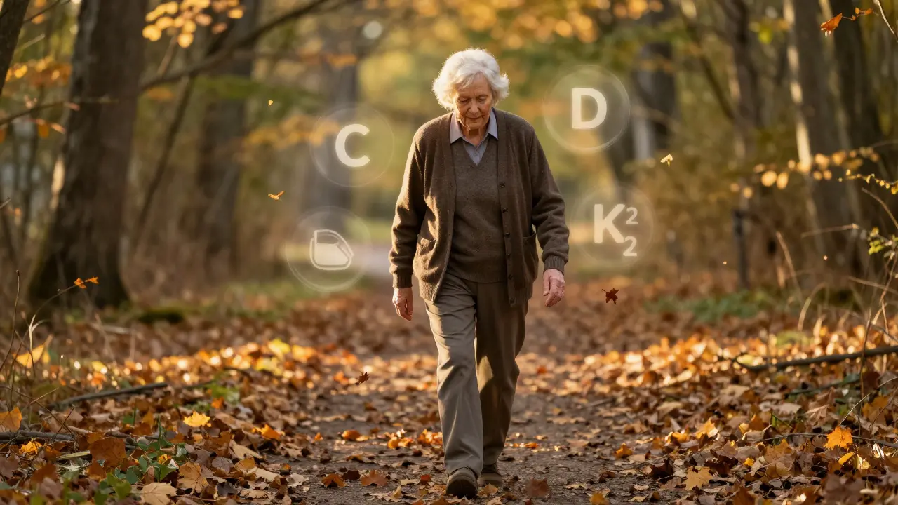 Starší osoba kráčí lesní cestou, kolem ní plavou vitamíny – symbol regenerace kloubů a pohybu.