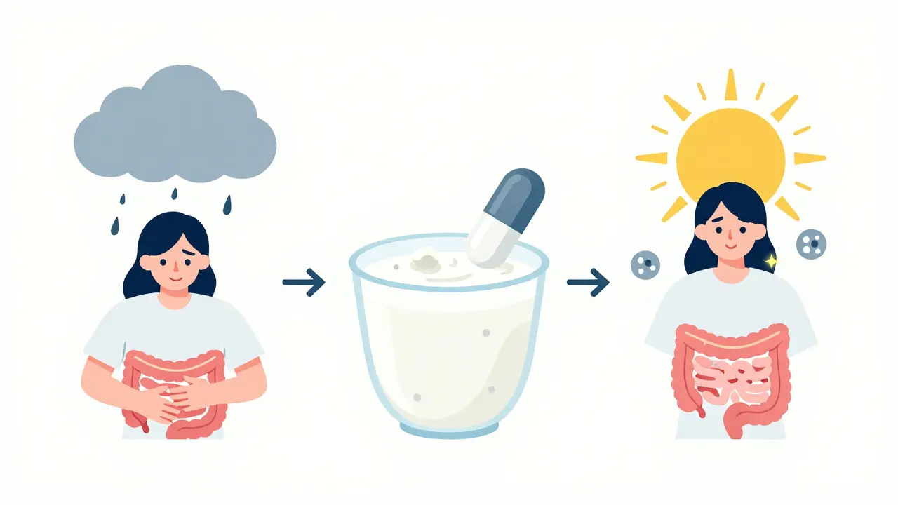 Tři fáze dopadu probiotik: nevolnost, příjem a zdraví — vizuální příběh bez textu.