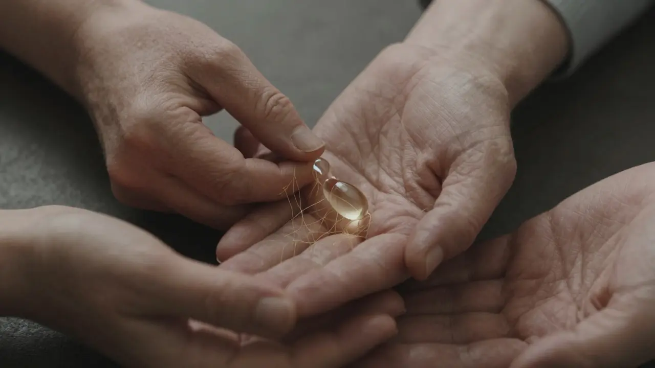 Tři ruce různých věků drží kapsli rybího kolagenu, ze které vystupují zlaté vlákna.