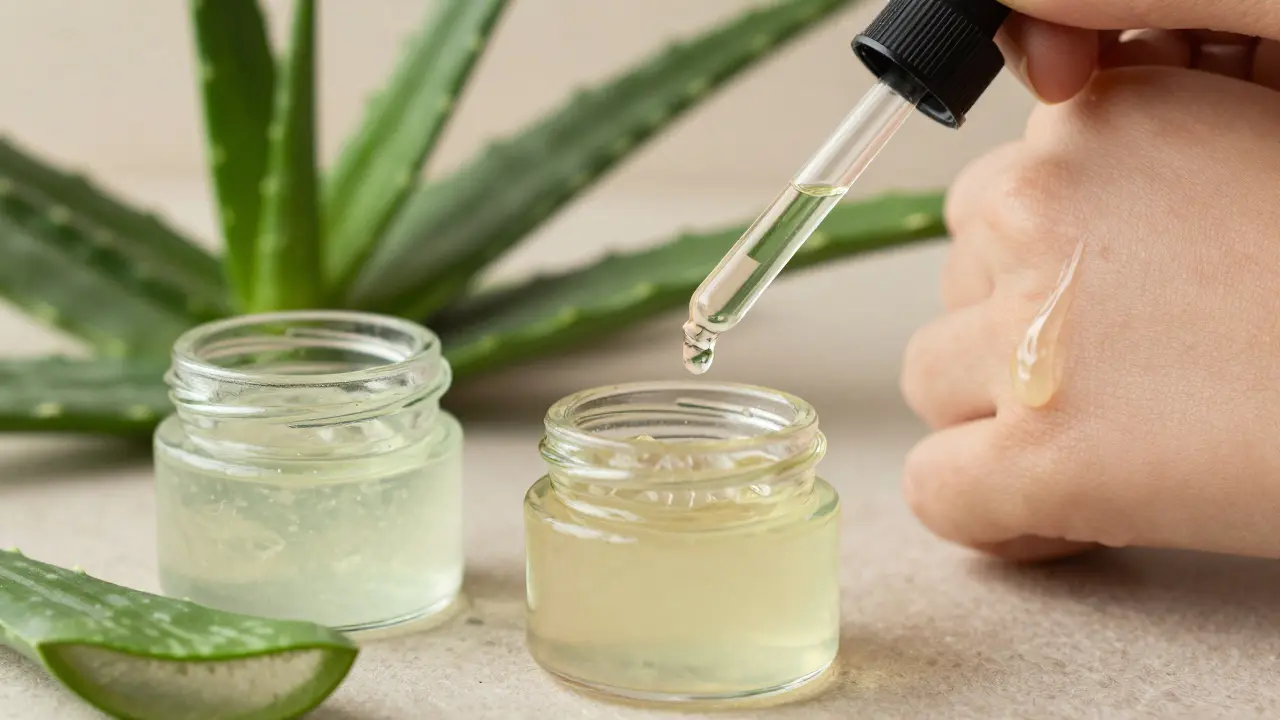 Tři skleněné nádoby s čerstvým gelem aloe very, jedna s kapkou vitamínu E.