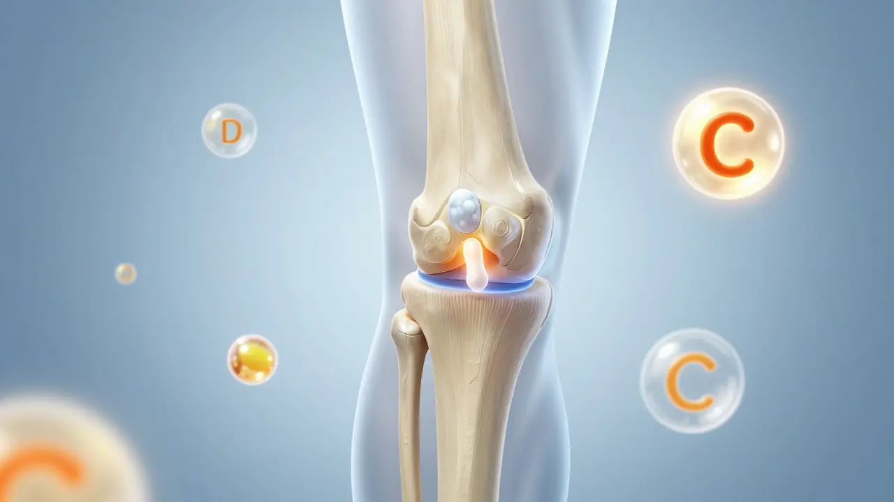 Ukázka kloubu s kolagenovými peptidy a vitamíny C, zinkem a hyaluronovou kyselinou vstřebávanými do chrupavky.