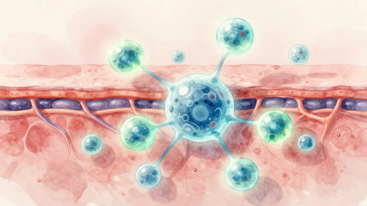 Umělecké znázornění kolagenových vláken v kůži s vitamínem C jako svítícími molekulami.