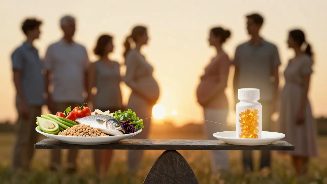 Váha s jídlem na jedné straně a multivitamínem na druhé, symbolizující doplnění výživy.