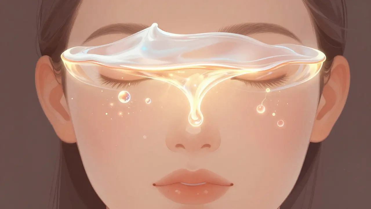 Vizualizace tří vrstev péče o pleť: čistá kůže, pronikající sérum a zapečetění krémem.