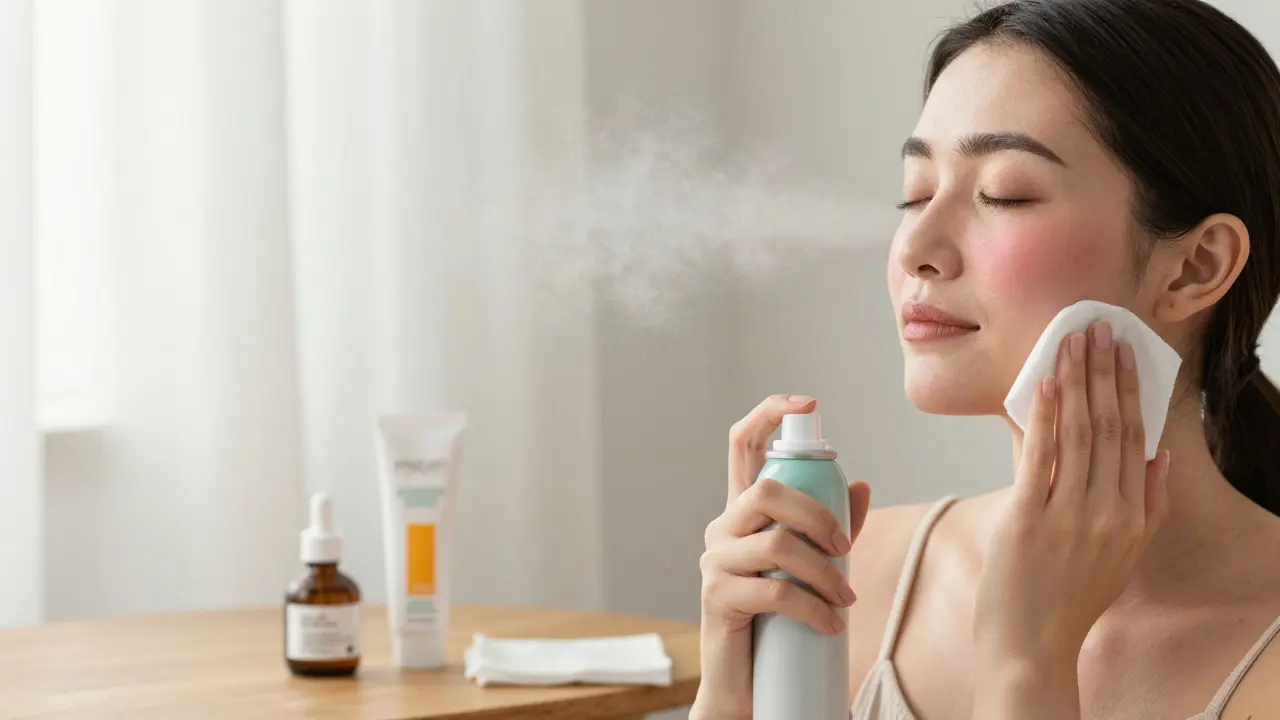 Žena aplikuje chladný sprej na červenou pokožku, vedle ní klidně leží léčivé kosmetiky.