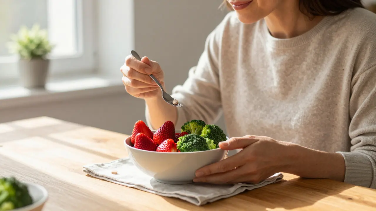 Žena jedí čerstvé jahody, papriku a brokolici na oběd, symbolizující přirozený příjem vitamínu C.
