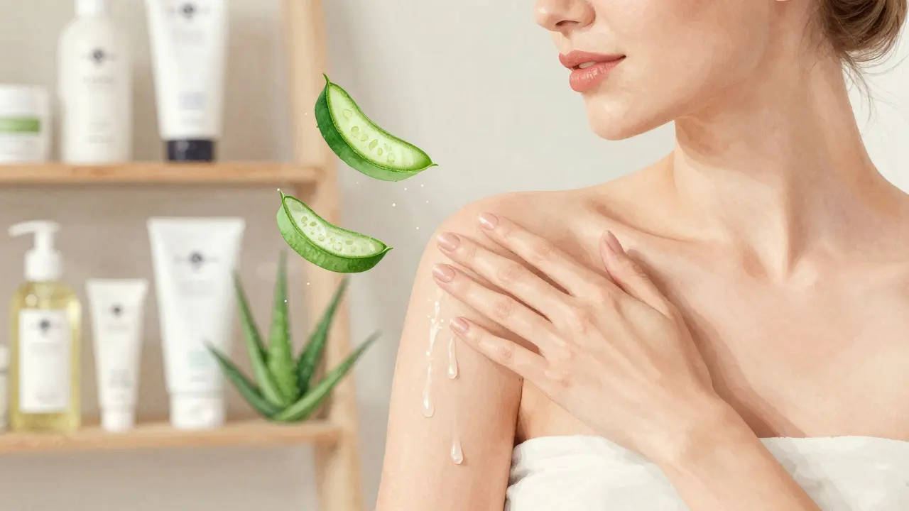 Žena namáčí kůži krémem s kyselinou laktovou, kolem ní plavou přírodní složky.