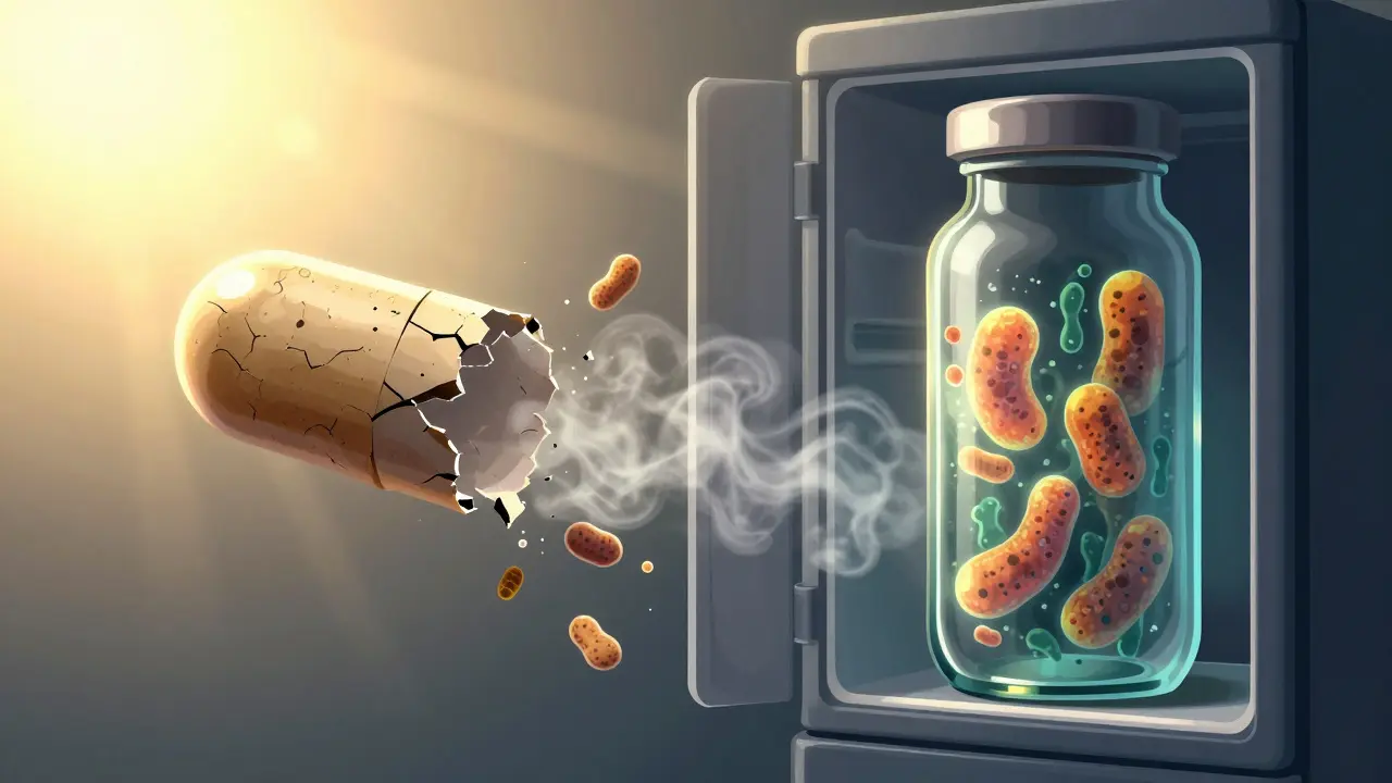 Biopron capsule disintegrating in heat versus preserved one in cool, dark fridge.