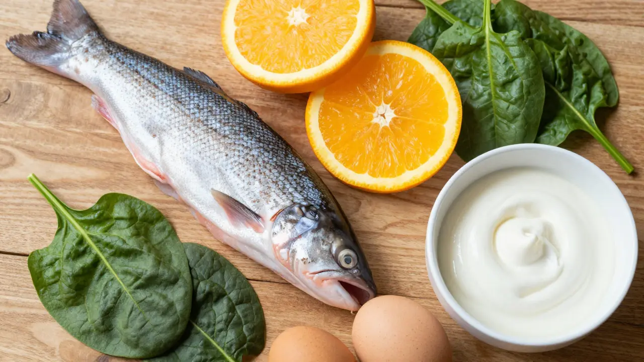 Čerstvé potraviny pro kolagen: losos, pomeranče, špenát, vejce
