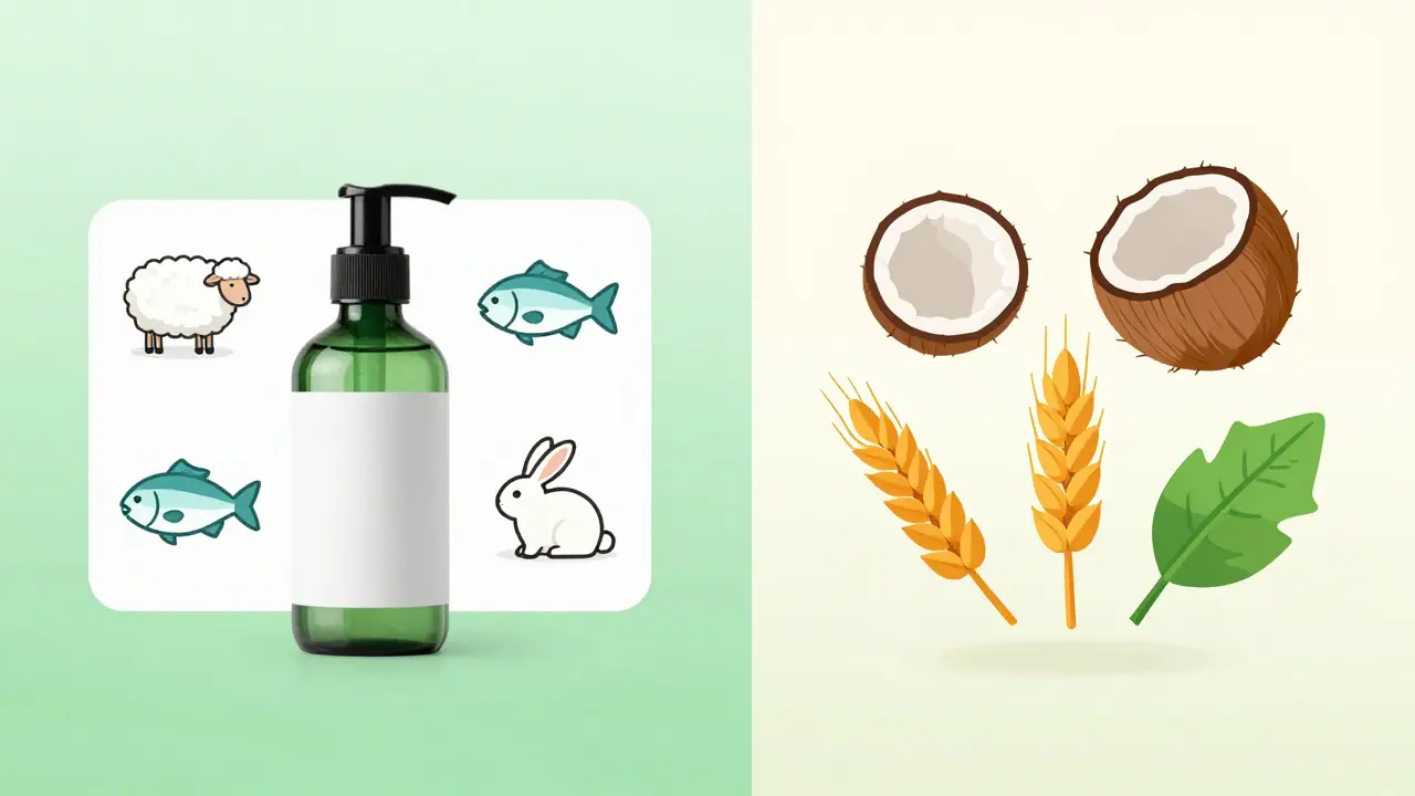 Comparison of traditional cosmetic ingredients with vegan alternatives using icons