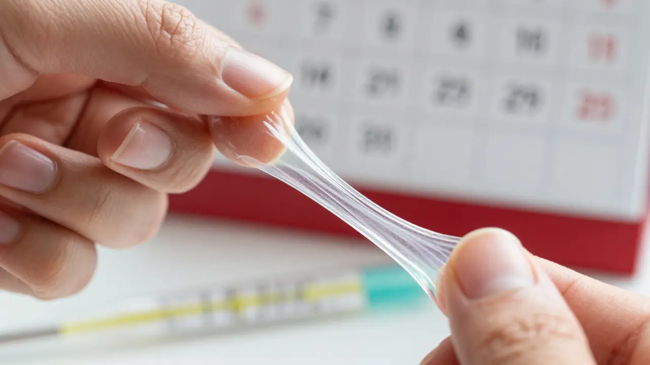 Detail ruky s průhledným a elastickým sekretem z hrdla dělohy, viditelný jako vláknitá nit.