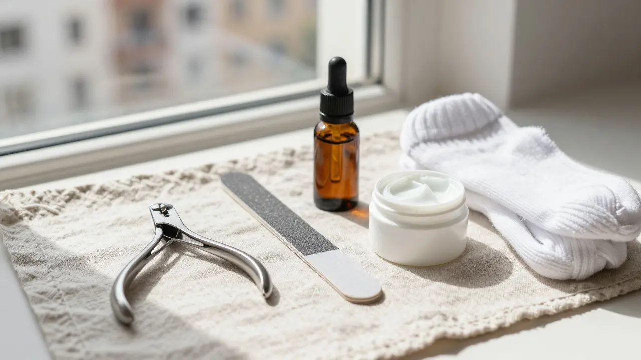 Domácí pedikúrní nástroje: nůžky, bruska, olej a krém uspořádané na lnu, přirozené osvětlení.