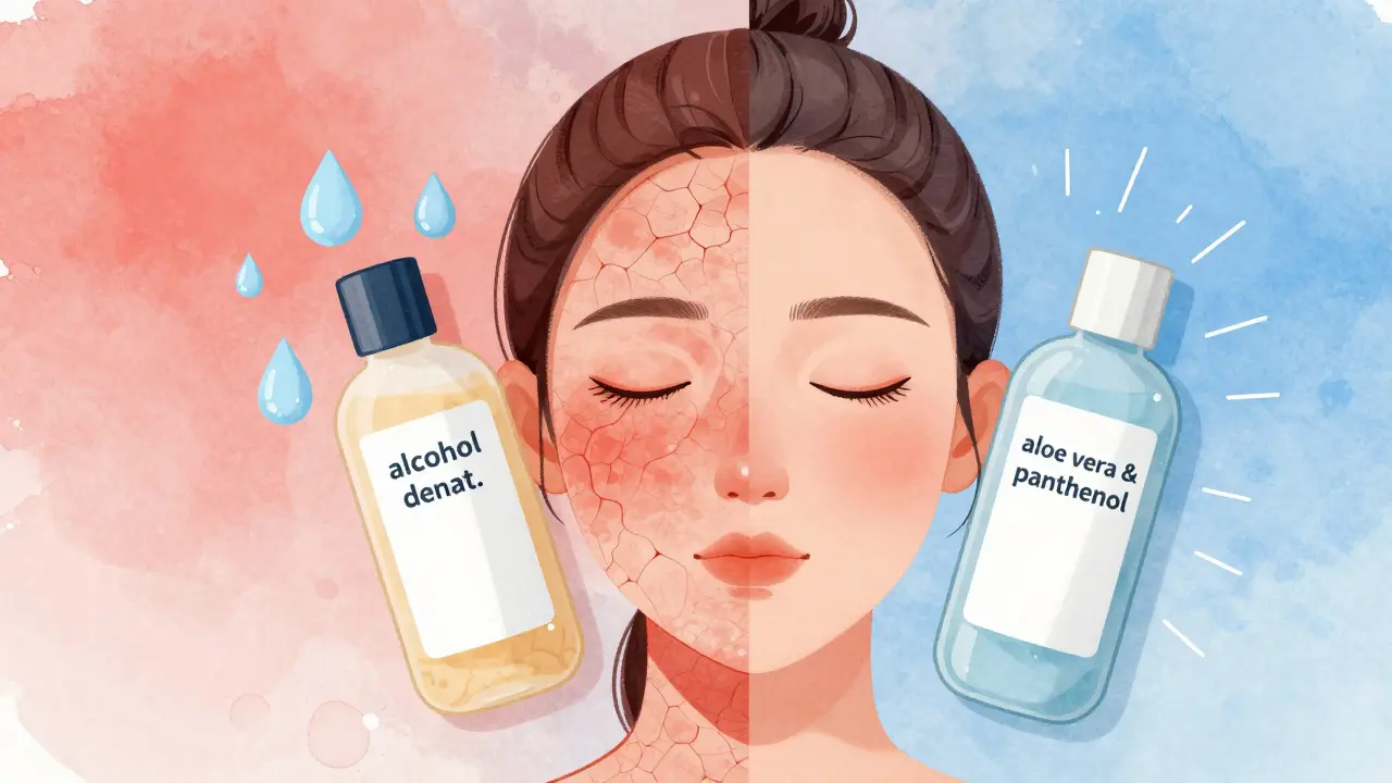 Dvě části obličeje: jedna podrážděná s agresivním tonikem, druhá klidná s jemnou pleťovou vodou.