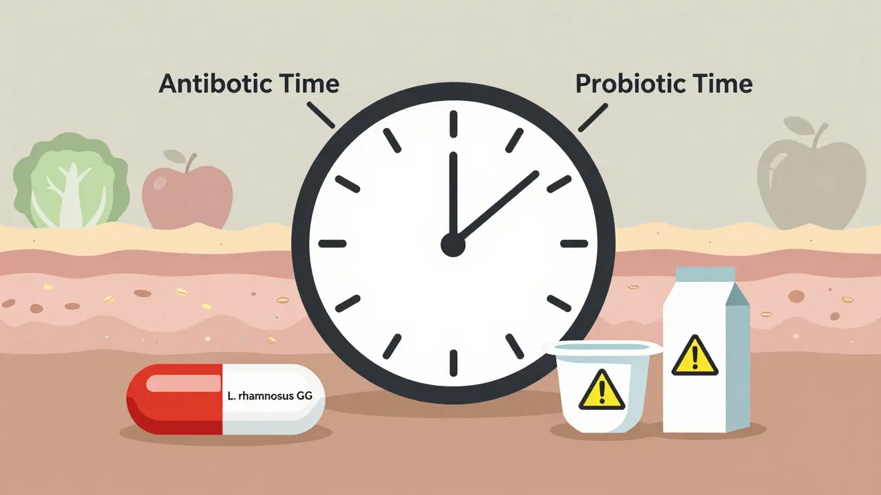 Hodiny ukazují dvouhodinovou mezery mezi antibiotikem a probiotikem, mléčné výrobky jsou označeny varováním.